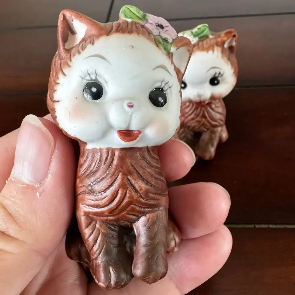 VTG Kitten Cat Anthropomorphic  Salt Pepper Shakers Stoppers MCM Bow Flower - Picture 3 of 13